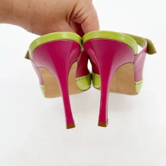 Manolo Blahnik Vintage Lime Pink Wingtip Mary Jane Pointed Toe Mule Heel IT 37 - Picture 9 of 11